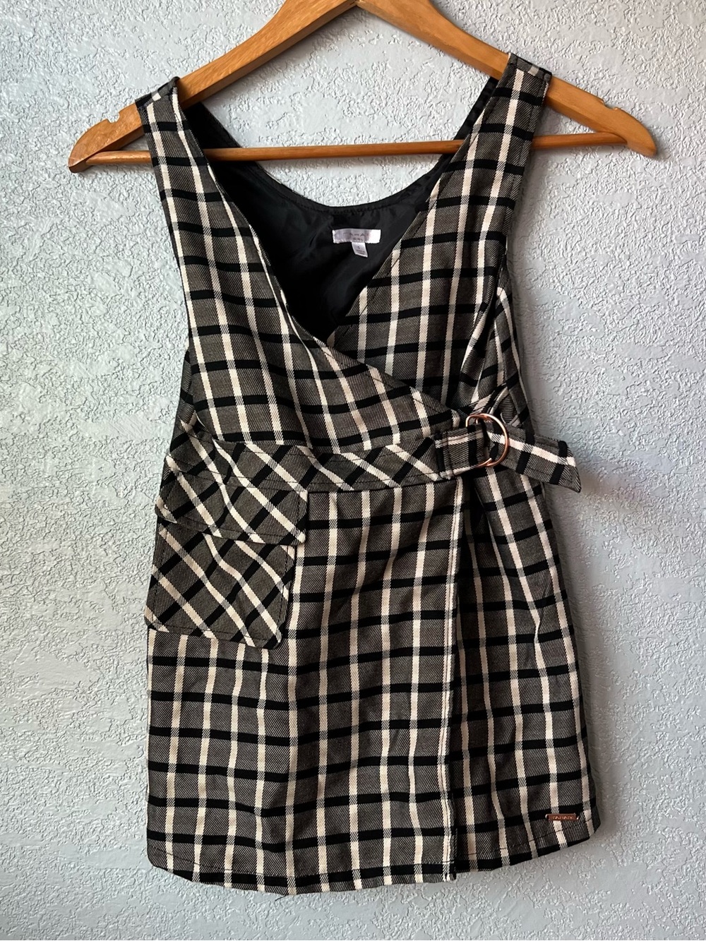 Tahari Girl Plaid Wrap Mini Dress Size 5 Black Beige Belted Preppy Career